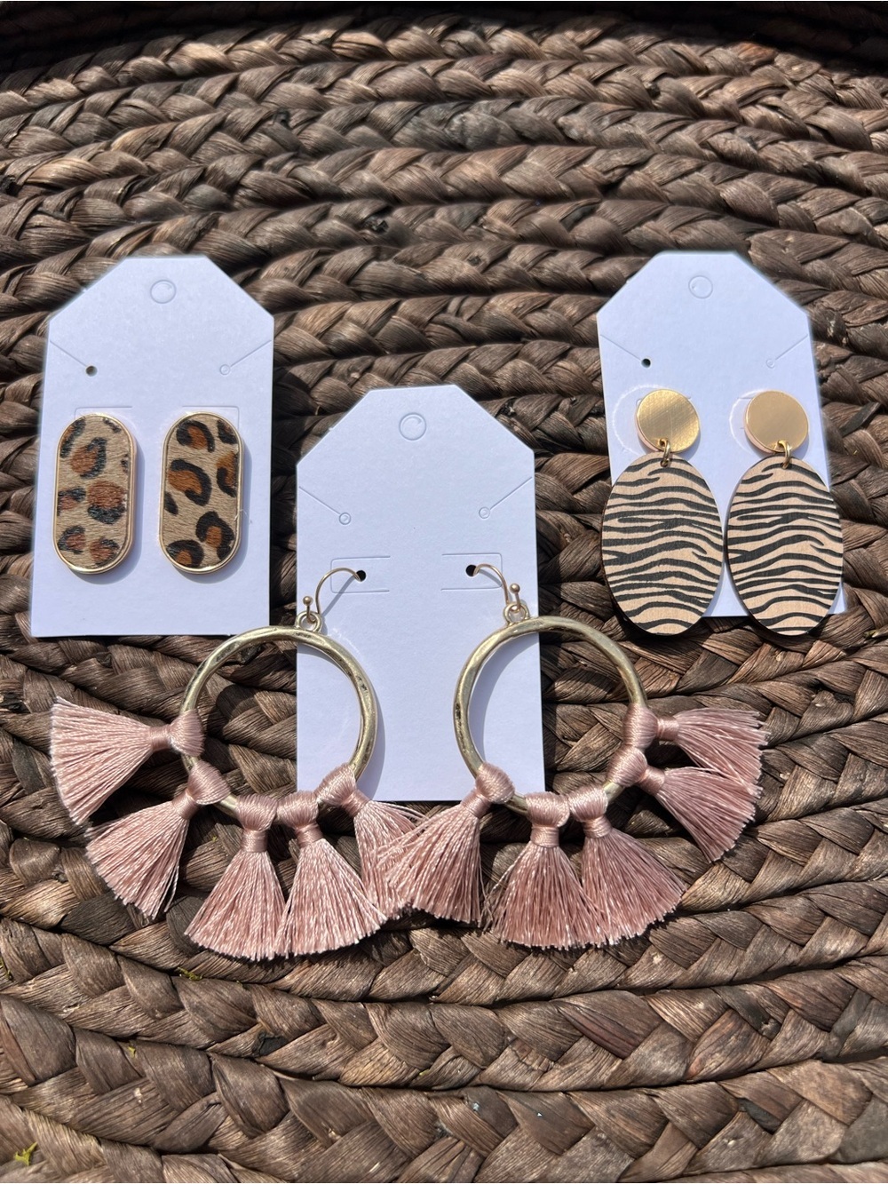 Lot of 3 Pairs Boho Statement Earrings Wood Zebra Tassel Leopard